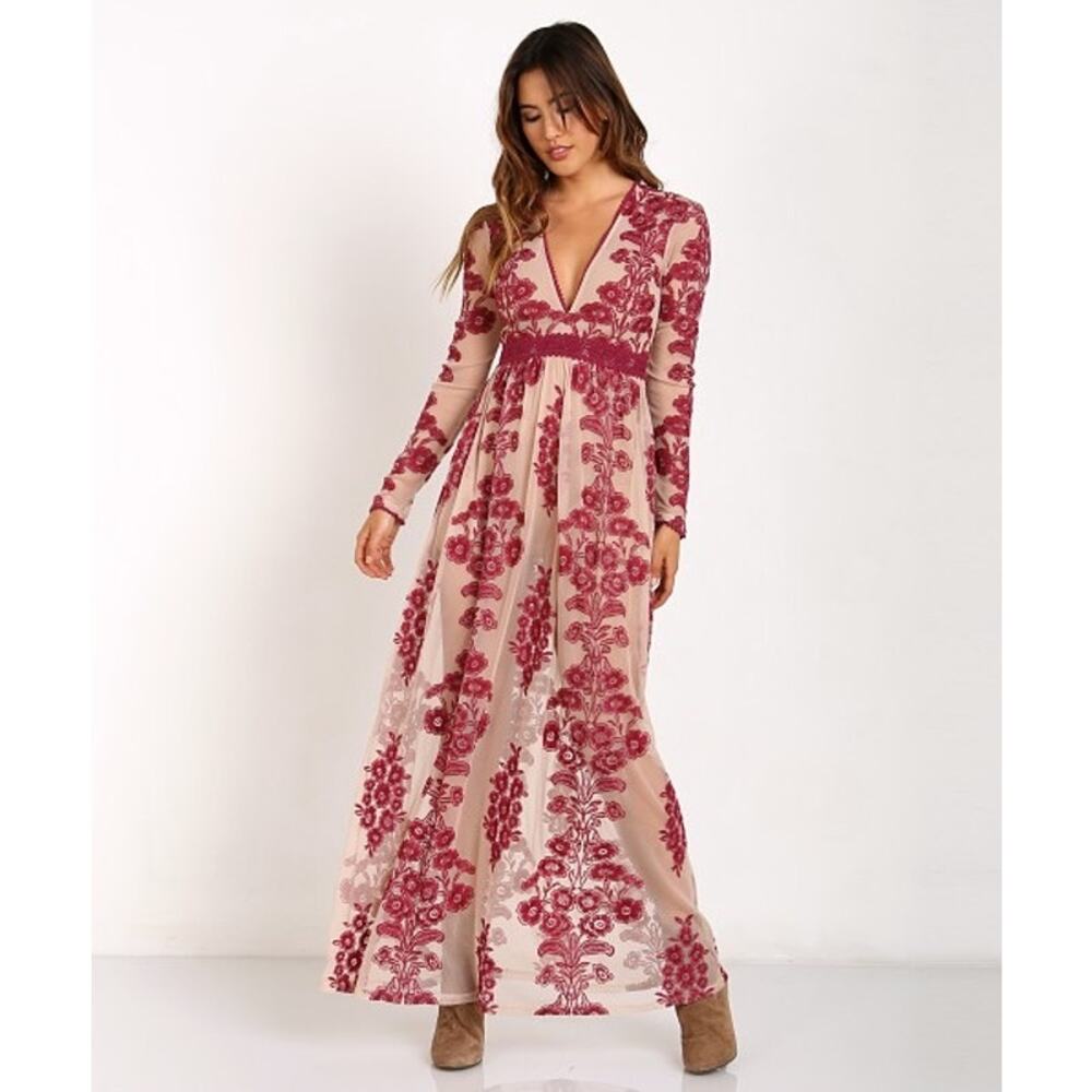 For Love & Lemons Temecula Maxi Dress Raspberry Wine Floral Lace Size Large - Picture 15 of 16